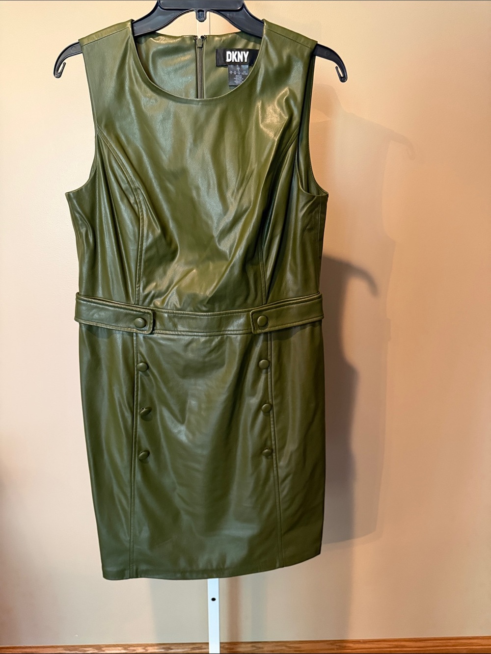 DKNY Olive Green Faux Leather Belted Sheath Mini Dress- worn once